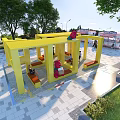Yellow Geometric Frame Pergola With Red Bear Sculptures And Seats In Urban Park
