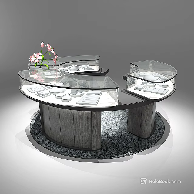 Jewelry Store Circular Glass Display Counter With Elegant Jewelry Pieces And Pink Flowers 3d model 