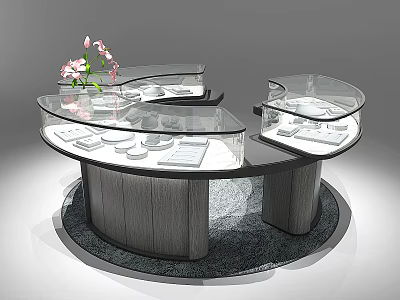 Jewelry Store Circular Glass Display Counter With Elegant Jewelry Pieces And Pink Flowers 3d model