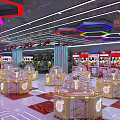 Colorful Amusement Arcade With Claw Game Machines Bright Lighting And Checkered Floor Tiles