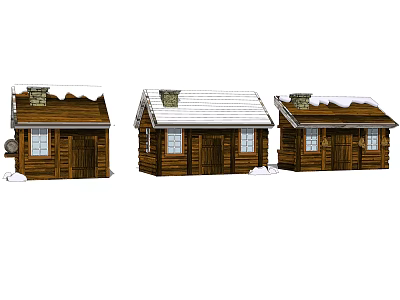 Three Wooden Cabins With Snow Covered Roofs Windows And Chimneys 3d model