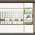 White Wooden Multi Tiered Display Cabinet Shelving with Shelves Drawers Bottled and Boxed Products