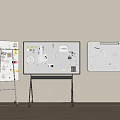 Three Display Boards Covered With Various Notes Photos And Materials On Stands Against Light Wall