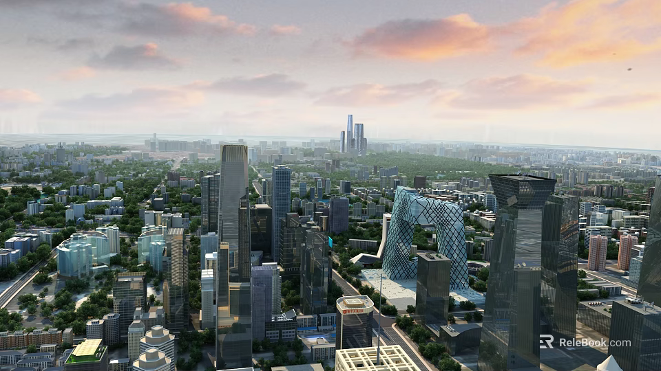 Birds Eye View Urban Planning of Modern City With Skyscrapers Green Spaces and Sunset Sky 3d model 