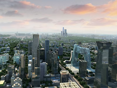 Birds Eye View Urban Planning of Modern City With Skyscrapers Green Spaces and Sunset Sky 3d model