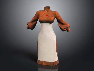 Traditional Cheongsam with Brown Top White Skirt and Red Floral Patterns Flared Sleeves 3d model