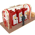 Modern Red Lottery Kiosk With Multiple Machines And Standing Person 3d model