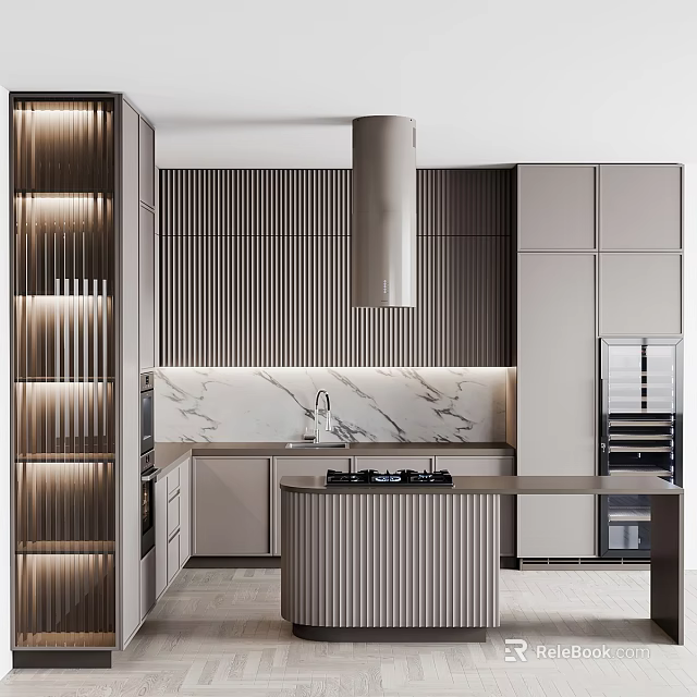 Modern Kitchen Interior With Striped Design Marble Backsplash Central Island And Lighted Cabinets 3d model 