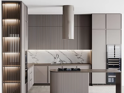 Modern Kitchen Interior With Striped Design Marble Backsplash Central Island And Lighted Cabinets 3d model