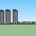 Modern Building Complex 3D Model Design With Green Landscape And Trees