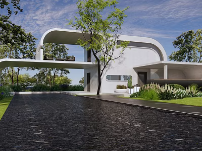 Modern White Building with Curved Roof Large Glass Windows Green Trees Lawn and Black Driveway 3d model
