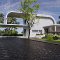 Modern White Building with Curved Roof Large Glass Windows Green Trees Lawn and Black Driveway