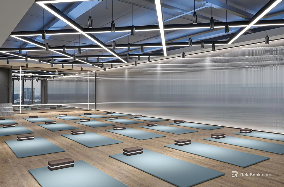 Spacious Yoga Studio Interior With Neatly Arranged Yoga Mats And Modern Ceiling Lighting 3d model 