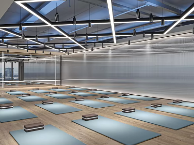 Spacious Yoga Studio Interior With Neatly Arranged Yoga Mats And Modern Ceiling Lighting 3d model