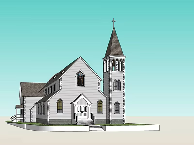 Historic Traditional Church Architecture With Steeple Cross Arched Windows And Steps 3d model