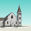 Historic Traditional Church Architecture With Steeple Cross Arched Windows And Steps
