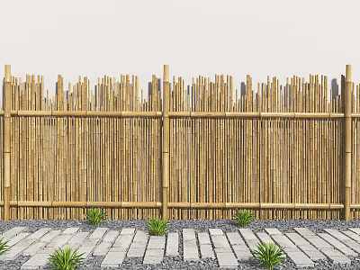 Natural Stepping Stones Path With Bamboo Fence Gravel And Small Plants 3d model