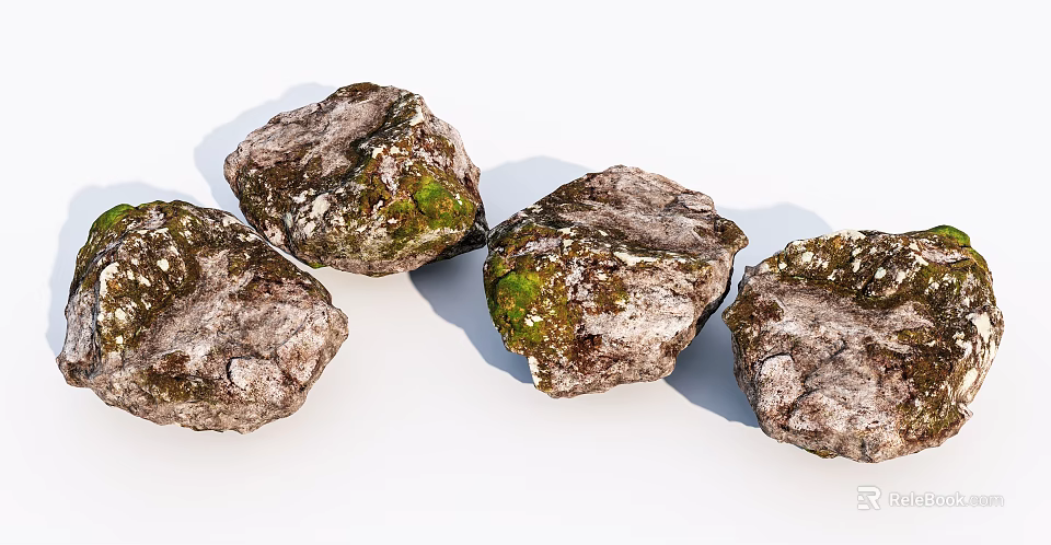 Natural Stone and Wood Decorative Items with Mossy Surfaces and Earthy Appeal 3d model 