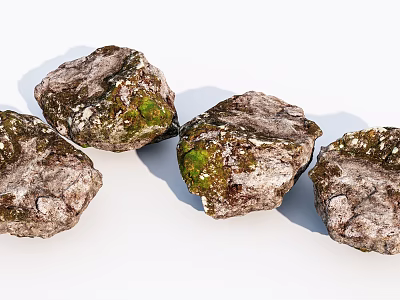 Natural Stone and Wood Decorative Items with Mossy Surfaces and Earthy Appeal 3d model