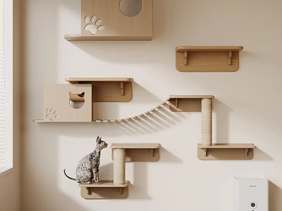 Wooden Cat Shelf Rack With Wall Mounted Staircase Design And Paw Print Decor For Cats 3d model
