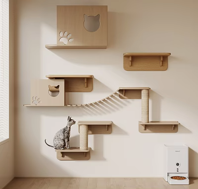 Wooden Cat Shelf Rack With Wall Mounted Staircase Design And Paw Print Decor For Cats 3d model