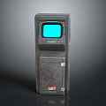 Vintage Gray Terminal Machine With Blue Screen And Vertical Metal Case Design