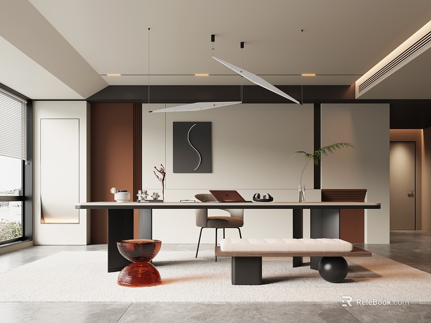 Modern Study Room Interior With Long Desk Chair Decorative Painting And Pendant Lights 3d model 