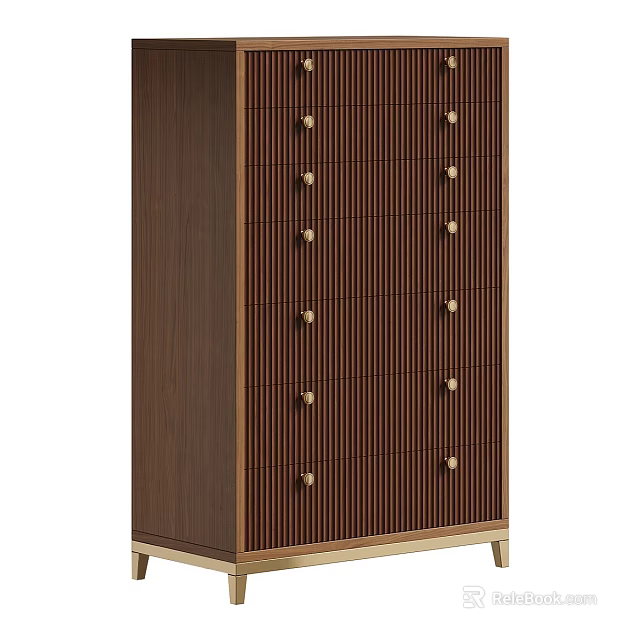 Elegant Dark Brown Entryway Cabinet Sideboard With Vertical Striped Design Gold Handles And Gold Legs 3d model 