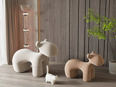 Animal Shaped Ottoman in White and Light Brown with Wooden Background and Green Plant 3d model
