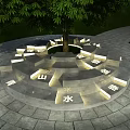 Circular Landscape Seating Around Tree With Stone Pavement Lighting And Grass Pathway 3d model