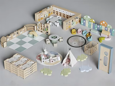 Kindergarten Indoor Design With Wooden Play Areas Toys Teepee Swings Mushroom Decorations And Storage Cabinets 3d model