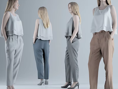 Women Fashion Styling In Sleeveless Tops Various Colored Trousers And High Heels 3d model