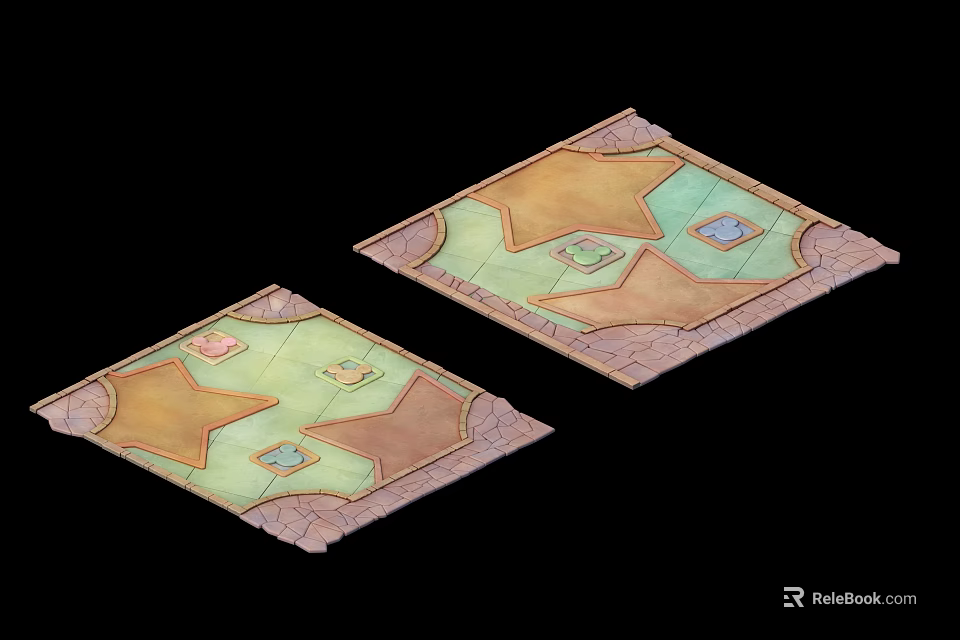 Two Colorful Decorative Floor Designs With Orange Green Sections And Brown Borders 3d model 
