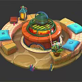 Circular Outdoor Leisure Area With Red Grill Metal Pot Colorful Cushions And Lantern