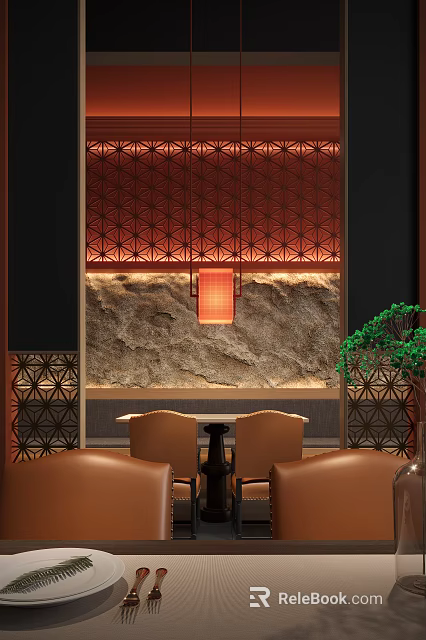 Elegant Restaurant Interior With Red Lattice Screen Stone Texture Wall Red Lantern And Brown Chairs 3d model 