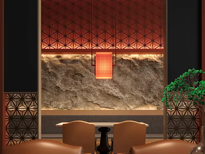 Elegant Restaurant Interior With Red Lattice Screen Stone Texture Wall Red Lantern And Brown Chairs 3d model