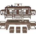 Chinese Minimalist Wooden Tea Table and Chairs With Tea Sets and Vase