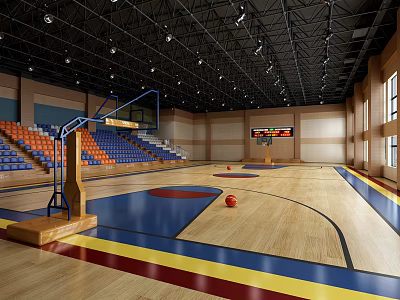 Basketball Gymnasium Interior With Wooden Floor Basketball Hoop Scoreboard And Colorful Seats 3d model