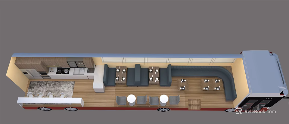 Modern Car Interior Design With Comfortable Seating Tables And Kitchen Space 3d model