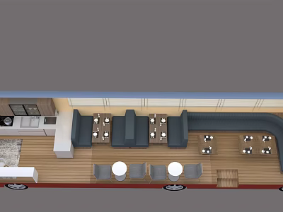 Modern Car Interior Design With Comfortable Seating Tables And Kitchen Space 3d model