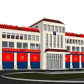 Modern Office Building Featuring Red Roof Red Banners Light Exterior Windows and Parking