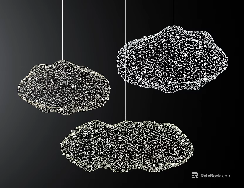 Modern Cloud Shaped Chandeliers With Mesh Structure And Light Accents On Black Background 3d model 