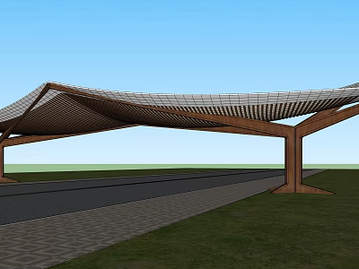 Modern Entrance Gate With Wooden Grid Canopy Brick Paved Path And Grass Area 3d model