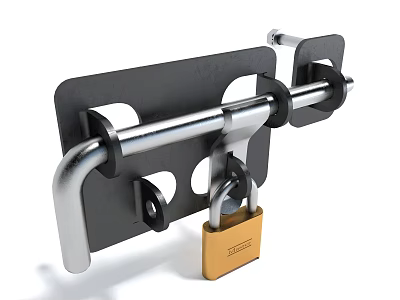 Security Metal Device With Black Plate Silver Bar Yellow Padlock And Circular Holes 3d model