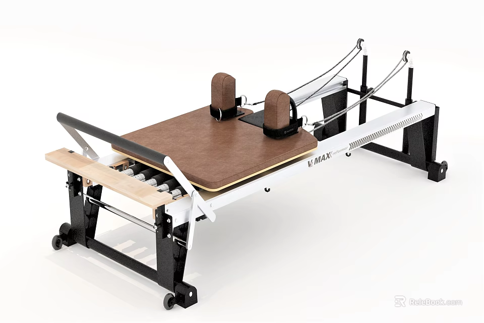 Professional Pilates Reformer Fitness Equipment with Wooden Platform Black Frame Springs and Footbar 3d model 