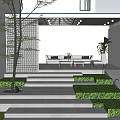 Modern Outdoor Courtyard Garden With Lattice Roof Seating Steps And Green Plants