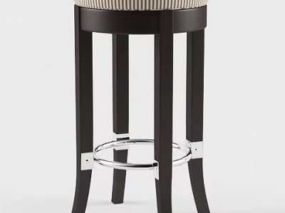 Modern Bar Stool Featuring Dark Wood Legs Striped Upholstered Seat And Sturdy Silver Metal Footrest 3d model