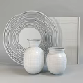 Stylish Decorative Ornament Set With Wicker Circular Decor And Golden Textured Vases