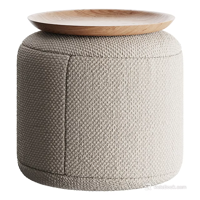 Light Beige Woven Texture Ottoman With Wooden Tray Top Design 3d model 