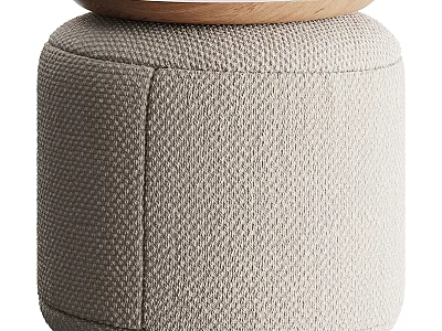 Light Beige Woven Texture Ottoman With Wooden Tray Top Design 3d model